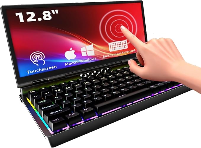 12.8 Portable Monitor Touchscreen with Mechanical Keyboard Stretched Bar Screen Extender RGB Backlit Hot-Swap USB-A Type-C Monitor for Laptop Desktop Mini PC MacBook (Driver Need)