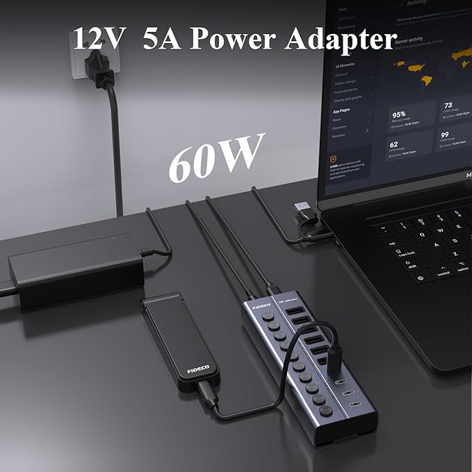 FIDECO 60W Powered USB Hub for Laptop and PC 10-Port 10Gbps USB Splitter with 12V 5A Power Adapter Aluminum USB 3.2 Gen 2 Multiport Adapter 6 USB-A and 4 USB-C Ports Support BC1.2 Charging
