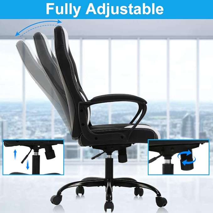 PC Gaming Chair Office Chair Ergonomic Desk Chair Racing Chair with Lumbar Support &amp Armrest PU Leather High Back Computer Chair Adjustable Height Swivel Executive Chairfor Adults HomeWhite