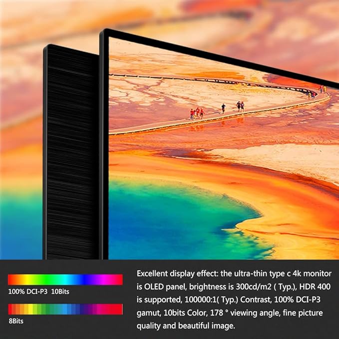OLED Portable Monitor- 4K Portable Laptop Display 15.6 Portable Gaming Monitor 100% DCI-P3 OLED Screen with HDMI/USB-C External Touchscreen for Phone PC Laptop Game Console