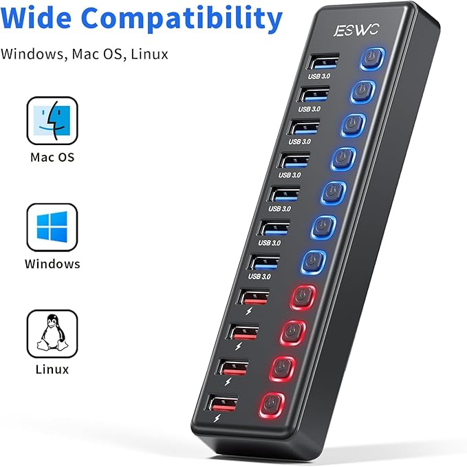 Powered USB Hub JESWO 11-Port USB 3.0 Hub (7 Data Transfer Ports + 4 Smart Charging Ports) with Individual LED On/Off Switches USB Hub Powered with 12V/3A Power Adapter for Mac PC