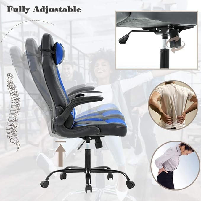 PC Gaming Chair Racing Style Office Chair w/Flip Up Arms Lumbar Support Pillow Video Game Chair Height Adjustable Rolling Swivel Computer Chair Ergonomic PU Leather Chair for Men Women Teens (Blue)