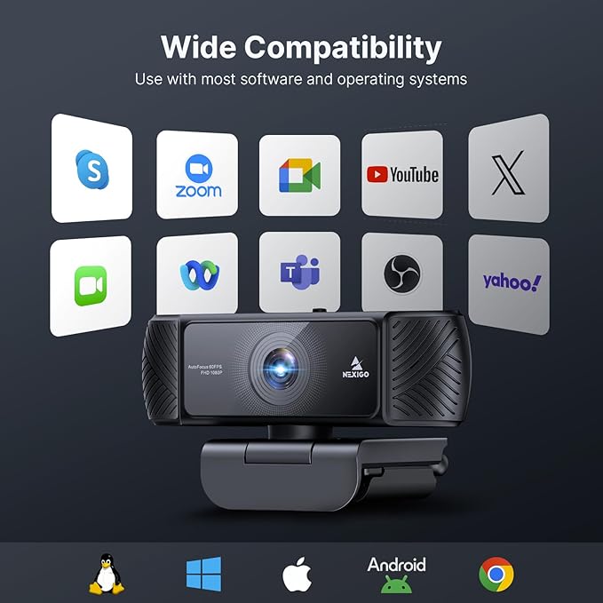 NexiGo 1080P 60FPS Webcam with Software Control and Microphone AutoFocus w/Privacy Cover N680P Pro Computer Web Camera for Skype Zoom Teams Mac PC Laptop Desktop