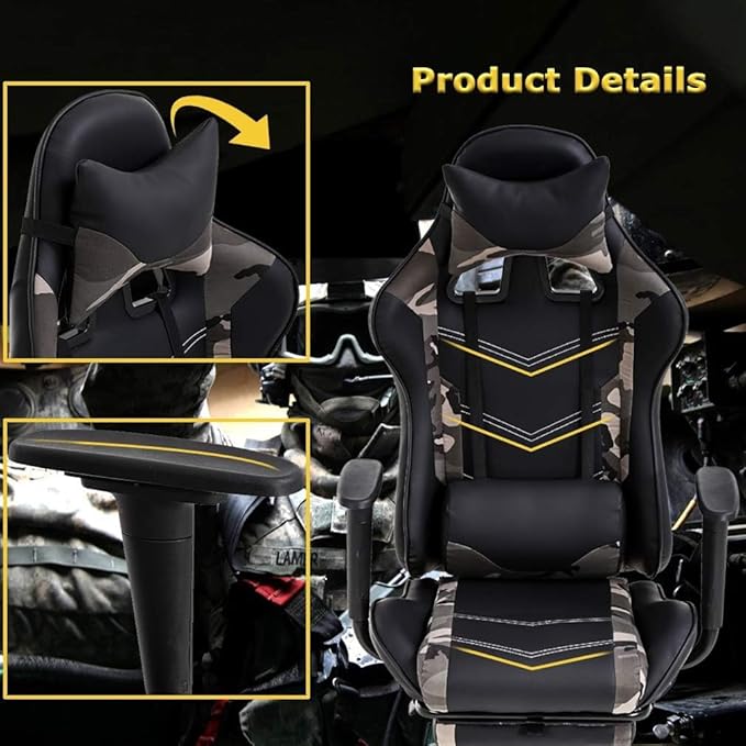 PC Gaming Chair with Footrest Ergonomic Home Office Chair with Lumbar Support &amp Headrest Pillow Height Adjustable Swivel Recliner Racing Computer Video Game Chairs Camo