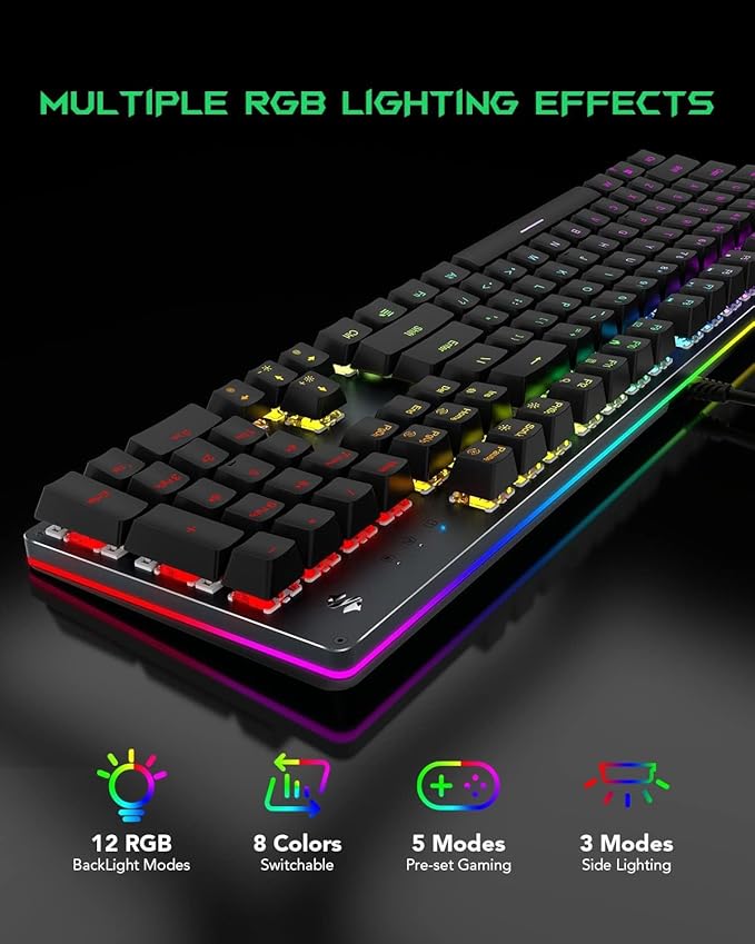 Black Shark RGB Mechanical Gaming Keyboard LED Backlit Wired Keyboard with Red Switches Fully Programmable Anti-Ghosting 104 Keys for Desktop PC Sixgill K2
