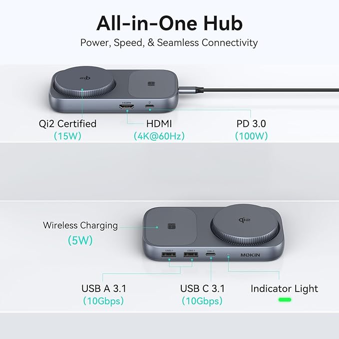 MOKiN USB C Hub with 15W Qi2 Wireless Charger Laptop Docking Station to 4K HDMI 100W PD 10Gbps Ports 15W+5W Wireless Charging Stand for iPhone 16/15/14/13 &amp Airpods USBC Dock for MacBook/Wind