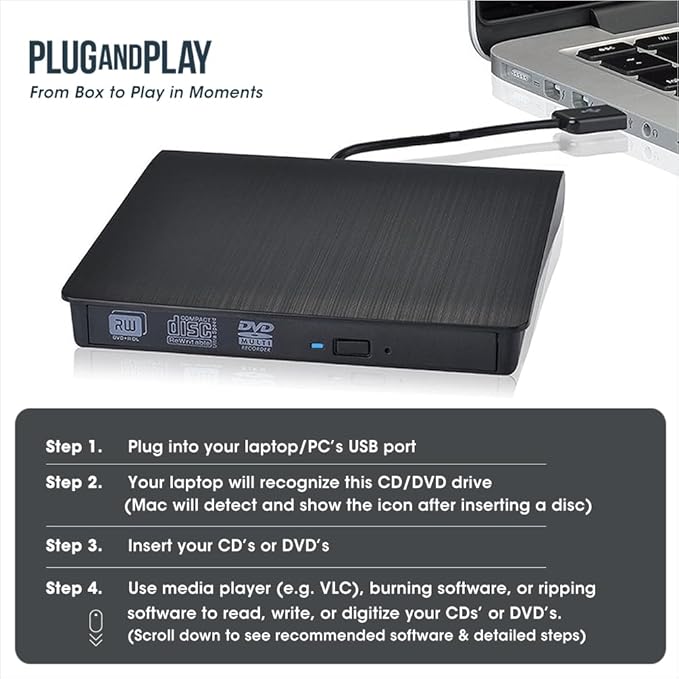 ROOFULL External CD DVD Drive for Laptop USB 3.0 Portable CD/DVD-ROM +/-RW Optical Disk Player Reader Writer Burner with Protective Carrying Case for Laptop PC Mac Windows 11/10/8/7 Linux Computer