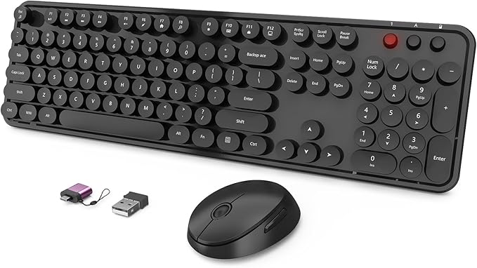 Wireless Keyboard and Mouse Combo Ergonomic Full Size Typewriter Retro Round Keycaps Keyboard Compatible with Windows PC Perfer for Home and Office Keyboards (Black