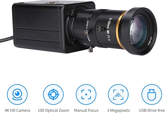4K HD Camera Computer Camera USB Webcam 10X Optical Zoom Manual Focus Auto Exposure Compensation Comaptible with Window XP/7/10 Linux Android Plug &amp Play for Video Conference Online Teaching