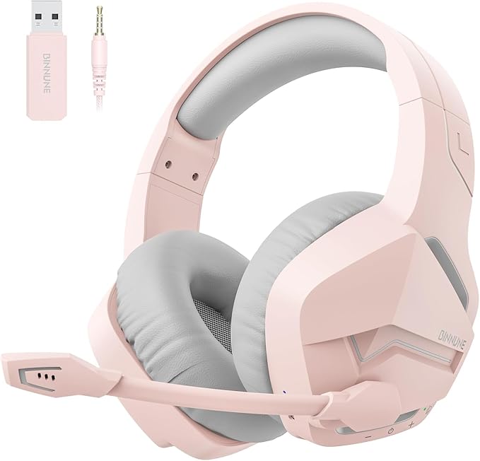 BINNUNE 2.4GHz Wireless Gaming Headset Bluetooth 5.3 Gaming Headphones with Noise Canceling Mic 120H Ultra-Long Battery 50mm Drivers Multi-Platform for PC / PS5 /PS4/ Switch/Mobile Pink