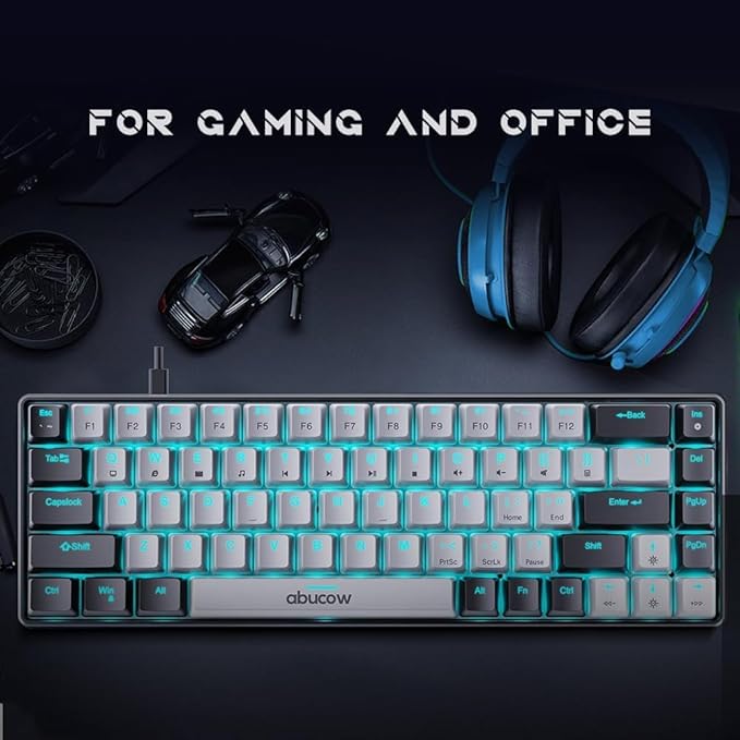 abucow 65% Mechanical Gaming KeyboardBlue Switch Wired Compact Keyboard with Blue Backlight Swappable Black Gray Keycaps for Windows/Mac