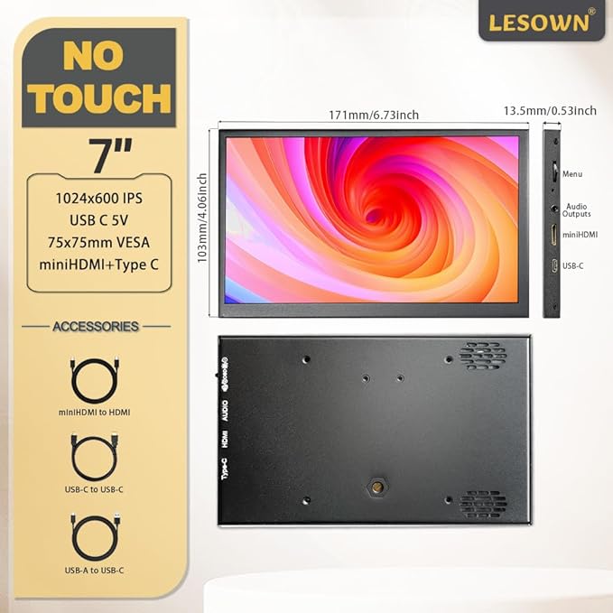 7 inch mini Small Monitor HD IPS 1024x600 LCD Screen 7inch USB C Portable Monitors External Display for Phone Laptop PC Build in Speakers (P70D)