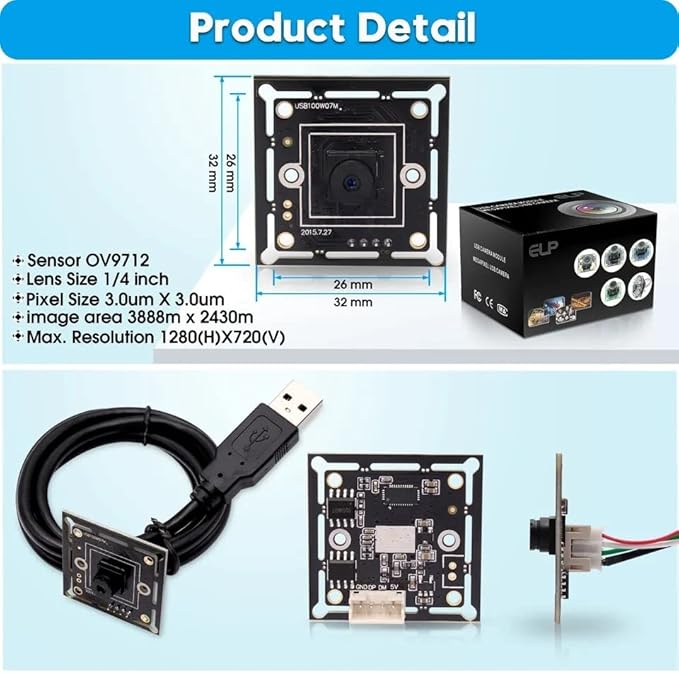 ELP USB Camera Module Super Mini 720p Wide Angle with 100degree M7 Lens Megapixel HD OV9712 Embedded Webcam Board for Computer USB2.0 UVC Video PC Opencv Camera Modulewith 3.3ft/1m Cable for Laptop