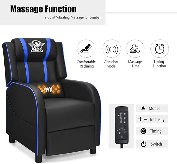 Gaming Recliner Movie Theater Chair w/Adjustable Backrest &amp Footrest Massage Lumbar Pillow Racing Single Sofa PU Leather Reclining Chair for Gaming Room Home Theater (Blue)