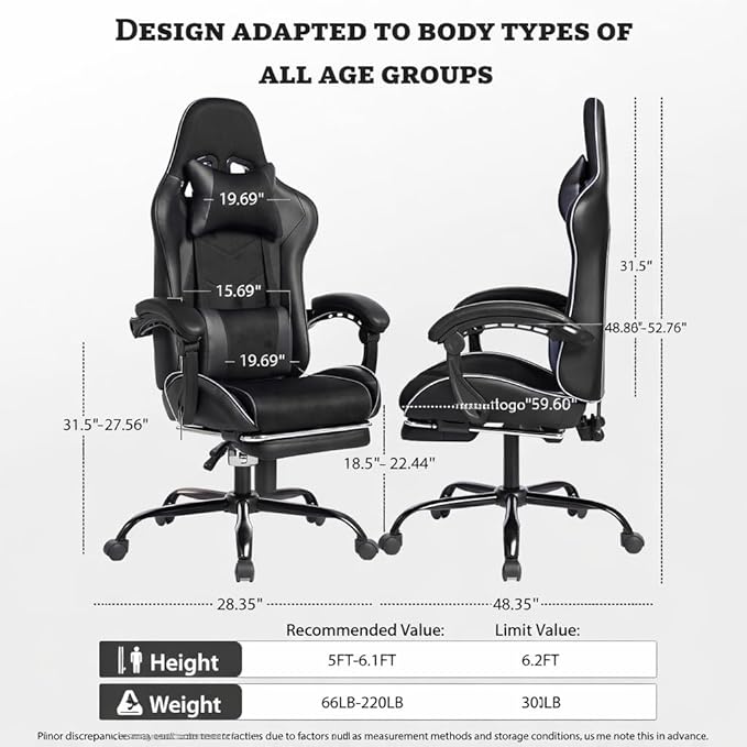 Gaming Chair Ergonomic Computer Chair with High Back Office Computer Chair with Footrest and Massage Lumbar Support Height Adjustable Swivel Video Game Chair (Black)