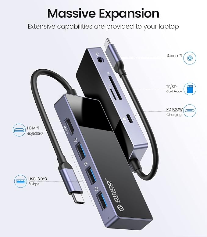USB C Hub ORICO 8 in 1 MacBook Docking Station Multiport Adapter with PD 100WHDMI 4K@30HzUSB-A3.0×3 SD/TF×13.5mm Audio×1 Compatible for Dell/Surface/HP/Lenovo Laptops