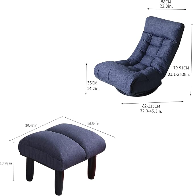 Yoglad Japanese Style Chaise Lounge Sofa Chair Floor Gaming Chair Lazy Sofa for Reading Game Meditating 3 Adjustable Positions with Comfortable BackrestNavy Blue (Navy Blue+Ottoman)