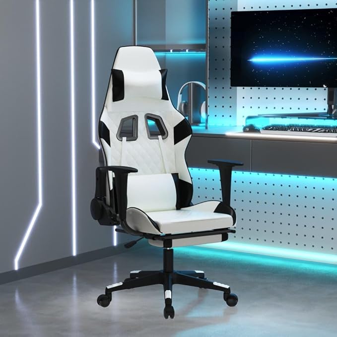 Massage Gaming ChairExecutive ChairSwivel Task Chair Suitable for Office Gaming Room Computer Room Bedroom Study Room with Footrest White&ampBlack Faux Leather