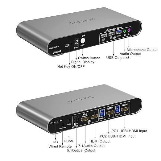 2 Computers 1 HDMI Monitor Automatic KVM Switch 8K@60Hz Hotkey Switching EDID Support 5.1/7.1 Audio and Microphone Aluminum Shell with Digital Display USB 3.0 Hub HDR10 with Cables