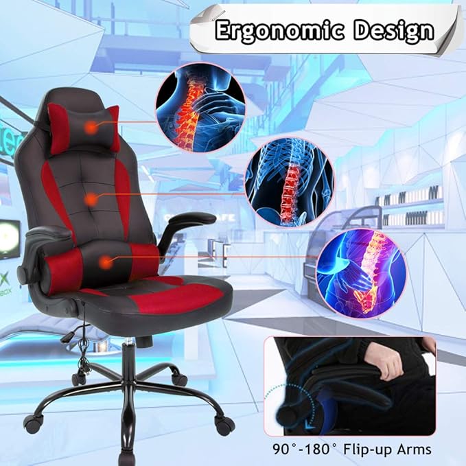 Massage Gaming Chair Ergonomic Office Chair High Back Desk Chair PU Leather Executive Chair with Lumbar Support Headrest Armrest PC Racing Computer Chair Task Rolling Swivel Chair Red