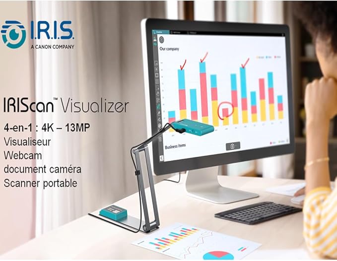 IRIScan Visualizer Webcam Document Camera v7:4K UltraHD-13MP4in1Free Readiris PDF OCRvisualizerScanner A3Portable ScannerWeb ConferencingDistance LearningAI MicroLedUSBWinMac