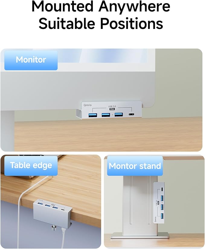 USB Hub 3.0 5Gbps Clamp USB Hub for Desk/Monitors with Extra Power Supply Port 3 USB-A Data Ports USB-C Data Port for iMac Pro/iMac (Silver)