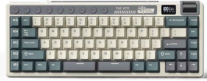 RK ROYAL KLUDGE M70 Wireless Mechanical Keyboard with Macro Keys 2.4GHz/Bluetooth/Wired 75% Gaming Keyboard with 6000mAh Battery Gasket-Mount Display &amp Knob RGB Hot-Swappable Soft Tactile Beige Sw