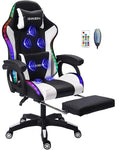Ergonomic Gaming Chair with Footrest and Lumbar Support Video Gaming Chair with Speaker and LED Light Gaming Chair with Full Massage Function 90°-135° Tilting Computer Chair.White