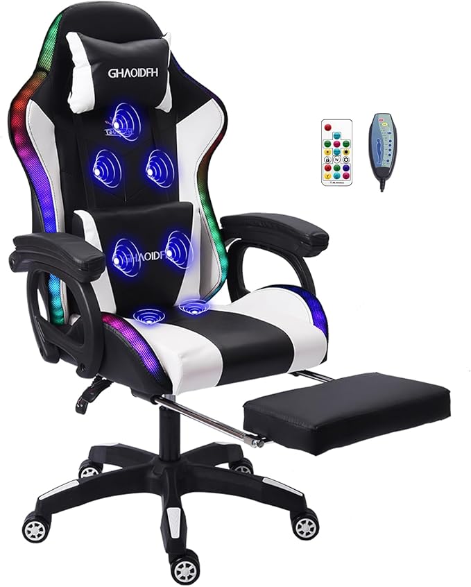 Ergonomic Gaming Chair with Footrest and Lumbar Support Video Gaming Chair with Speaker and LED Light Gaming Chair with Full Massage Function 90°-135° Tilting Computer Chair.White