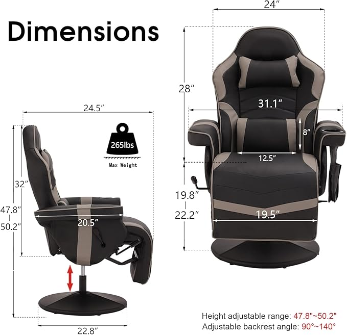 LVUYOYO Reclining Gaming Chair Gaming Chair with Footrest and Massage High Back PU Leather Gaming Recliner w/Adjustable Height Swivel Game Chair with Lumbar Support Cup Holder Headrest
