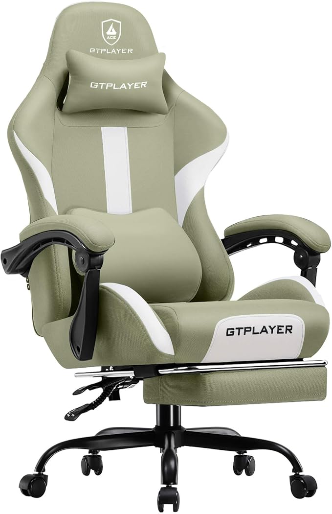 GTPLAYER Gaming Chair with Foot Rest &amp Pocket Spring Cushion Breathable Fabric for Home Office Desk Ergonomic High Back Computer Chair with Headrest &amp Lumbar Support Green