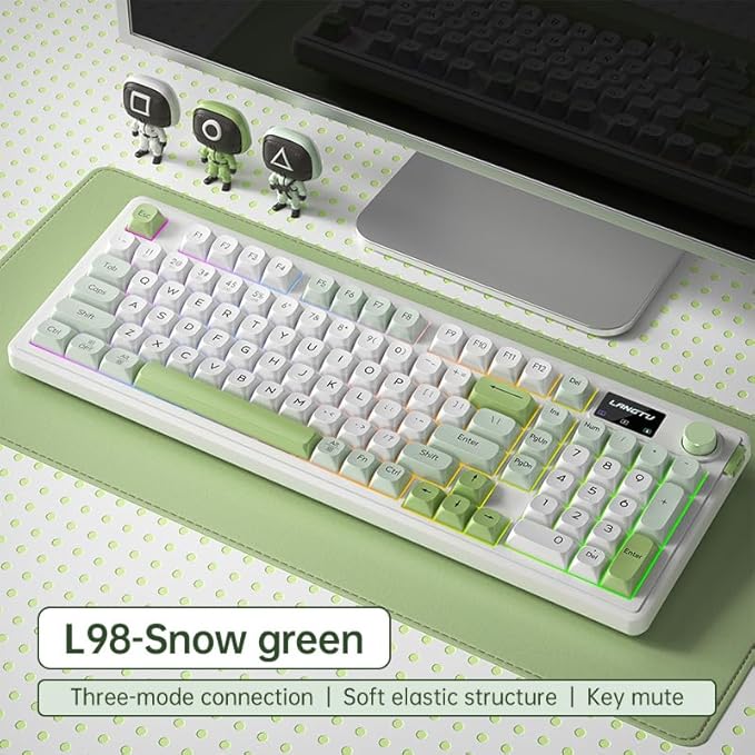 L98 96% Membrane KeyboardTri-Mode Connectivity RGB BacklightsRotary Knob+ScreenGasket MountedSa Profile Keycaps98 Keys Software Programmable Gaming Keyboard for MAC/Win (Green)
