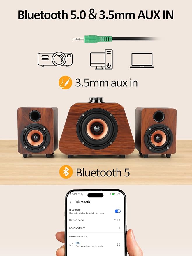 Computer Speakers Mini PC Speaker with subwoofer2.1 USB Powered Desktop Speakers Bluetooth 5.0 and RCA Input pc Speakers for Desktop Laptops Phonograph Phones Tablets(K02)
