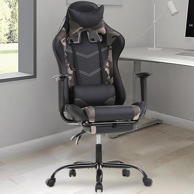 PC Gaming Chair with Footrest Ergonomic Home Office Chair with Lumbar Support &amp Headrest Pillow Height Adjustable Swivel Recliner Racing Computer Video Game Chairs Camo