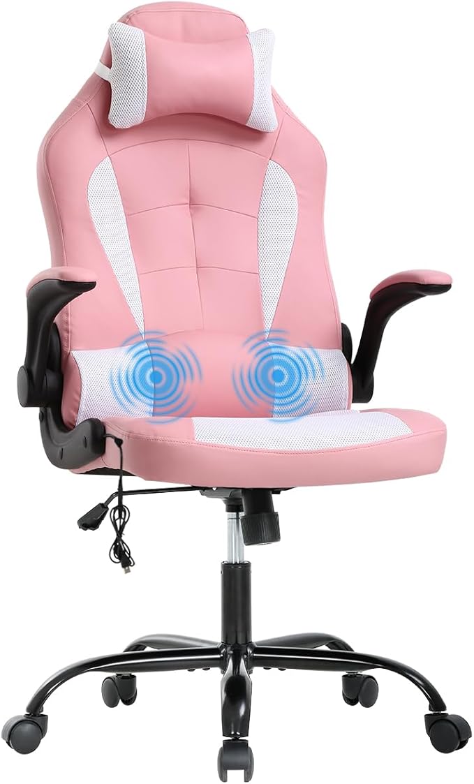 Dkeli Massage Gaming Chair Ergonomic Office Chair High Back Desk Chair PU Leather Executive Chair with Lumbar Support Headrest Armrest PC Racing Computer Chair Task Rolling Swivel ChairPink