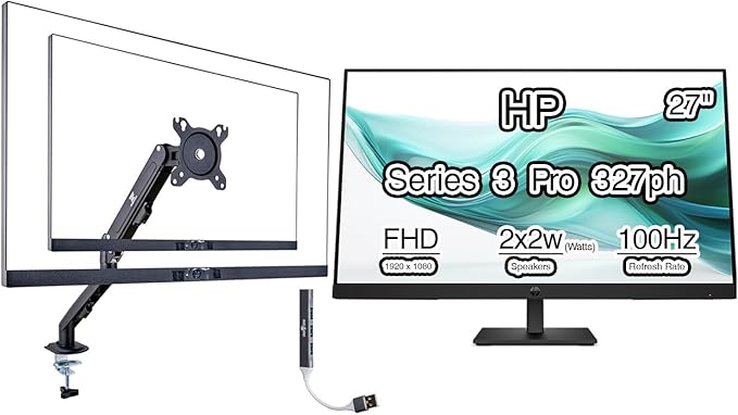 HP Series 3 Pro 327ph 27 FHD IPS Monitor with 5ms Response Time Built-in 2x2W Speakers Anti-Glare Flicker Free VESA Mount (100mm) HDMI (B0CG8UT#ABA) w/DKZ Hub &amp ErgoFlexy Single Mount Arm