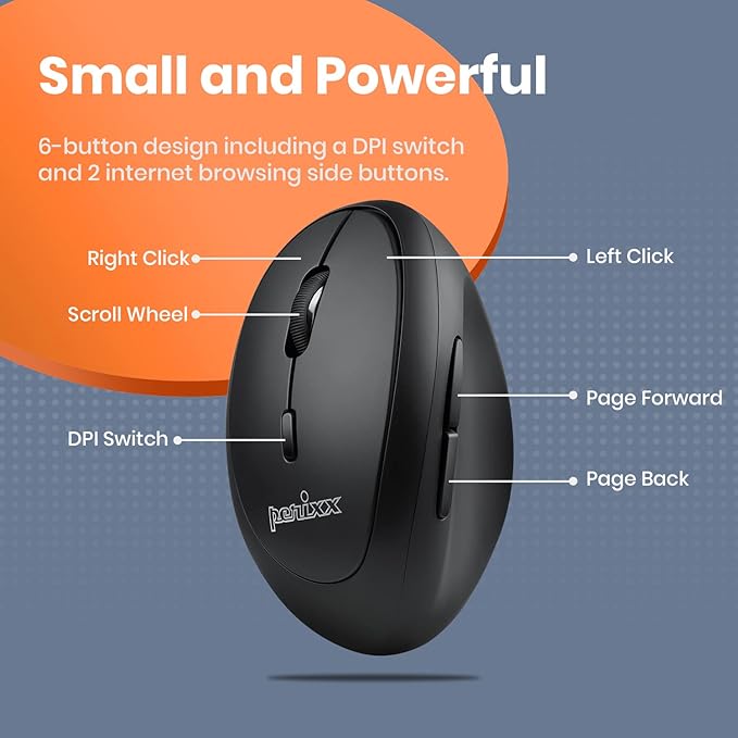 Perixx Perimice-719L Left Handed Wireless Vertical Mouse Portable Size for Laptops Computer 3 Level DPI (Pack of 2)