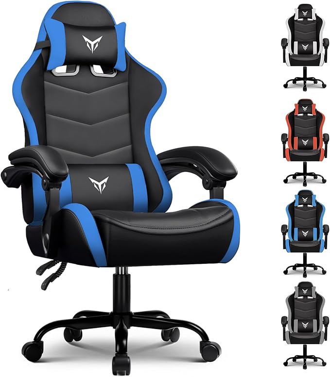 GTPLAYER Gaming Chair Video Game Chairs Racing Style PC Game Chairs 350lbs for Adults - Padded High Back Ergonomic Reclining Silla Gamer Linkage Armrest Blue