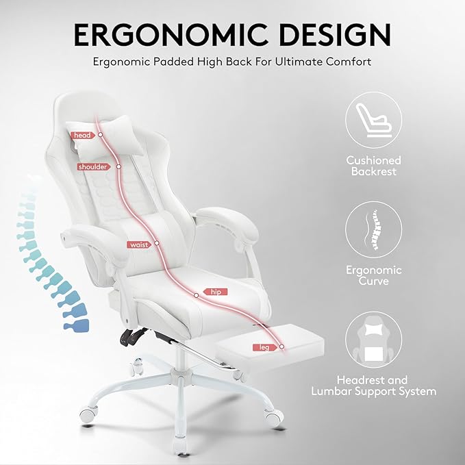 White Gaming ChairComputer Office Chair with FootrestMassage Lumbar Support and Gel PadErgonomic Reclining Adjustable Leather Gamer Chair with Headrest and Spring Cushion White