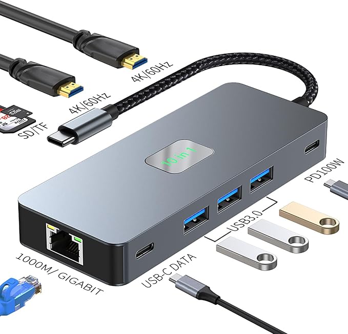 USB C to Dual Monitor DockingStation USB C to Dual HDMI(4K@60Hz) Multiport Adapter Thunderbolt 3 Hub (10 in 1 2HDMI 4K60Hz+ RJ45)