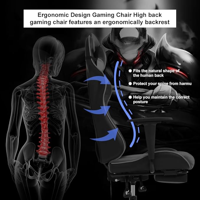 Gaming Chair with Massage &amp Footrest - Ergonomic Racing Office Chair for Adults Women Gamers - Adjustable Reclining PC Gaming and Home Office Desk Chair with Lumbar Support Grey