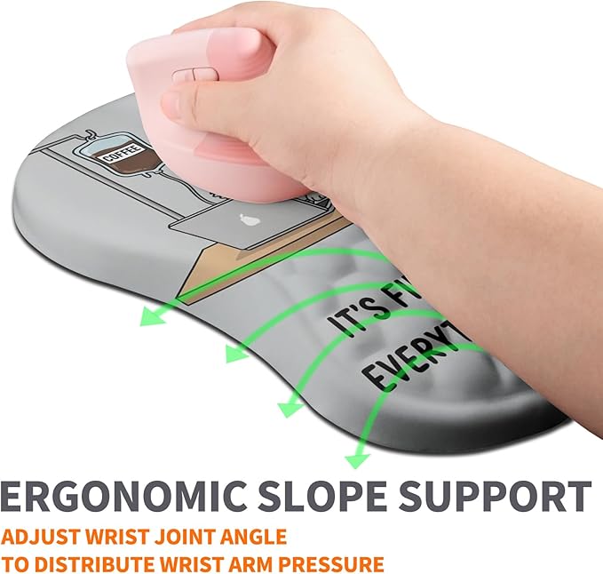Ergonomic Joint Wrist Support Mouse Pad with Memory Foam Cushion Massage Bump Carpal Tunnel Pain Relief Mousepad Slope Design for Wrist Rest 11.8x7.9 in Funny Coffee Cat