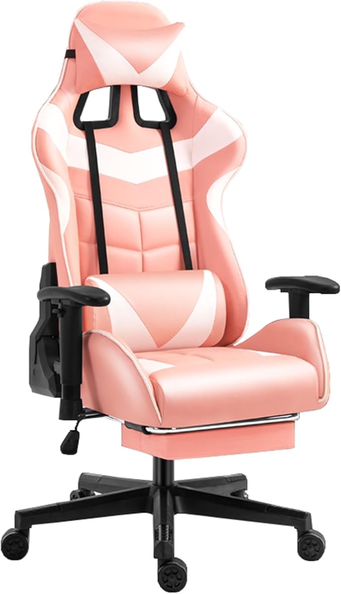 Ergonomic Gaming Chair with Footrest and Lumbar Support Pu Leather High Back Video Game Chairs Height Adjustable Computer Chairs with HeadrestPinkHeight 128138CM