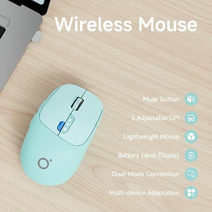 EWEADN Q5 Wireless Mouse Bluetooth &amp 2.4G Quiet Computer Mouses with Battery Level Display 1600 DPI Ergonomic Office Mouse 6 Button Portable Cute Computer Mouse for Laptop/PC/Mac - Blue