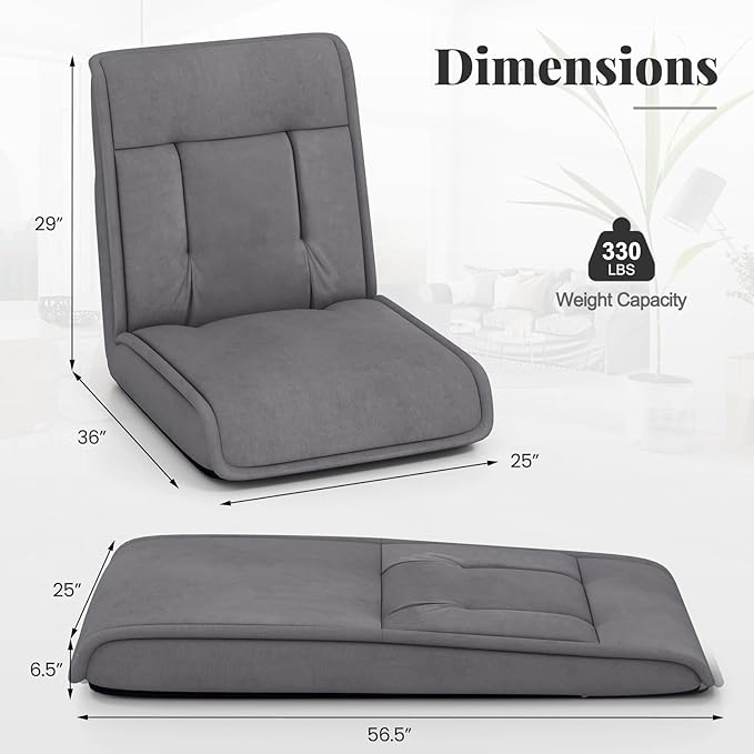 COSTWAY Folding Floor Chair Convertible Lazy Sofa Chair with 14-Poistion Adjustable Backrest 5-Position Adjustable Headrest Cushioned Floor Gaming Chair for Adults Reading Meditating (Grey)