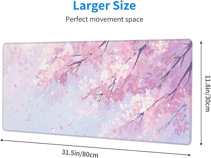 Gaming Mouse Pad Floral Cherry Blossom Flower Non-Slip Rubber Base Extended Mousepad with Stitched Edges Keyboard Computer Laptop Mat for Gamer Desktop Office Home 31.5 x 11.8 in