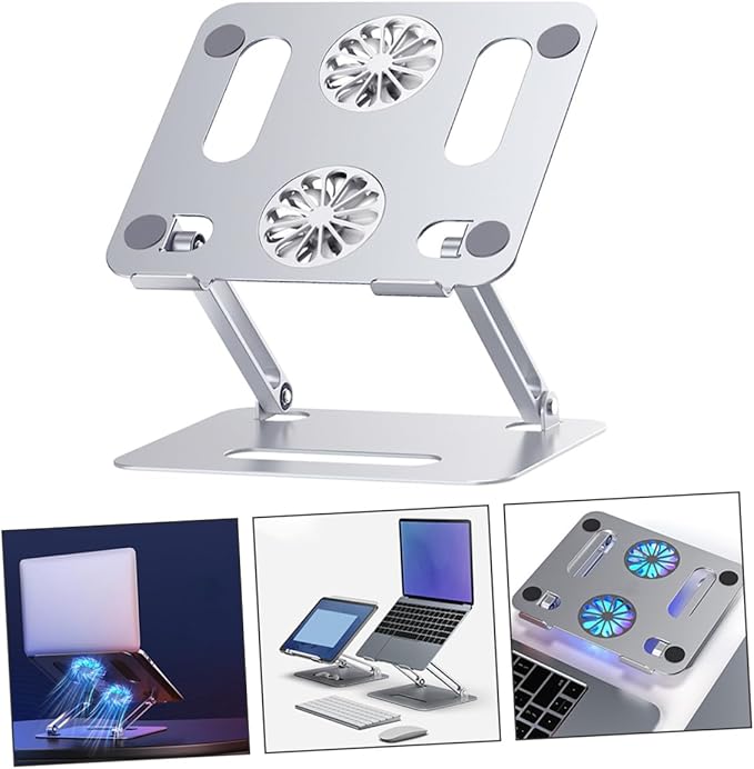Adjustable Height Laptop Cooling Pad with Dual Fans Aluminum Alloy Ventilated Cooler Stand for Gaming and Office Use Silver