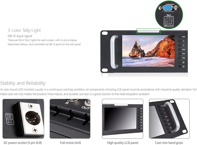 FEELWORLD T51-H Triple 5 2RU 800×480 Broadcast LCD Rack Mount Monitor with HDMI AV Input and Output