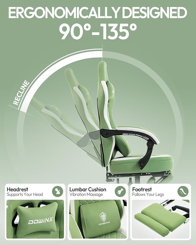Dowinx Gaming Chair Breathable Fabric Game Chair with Gel Pad and Storage Bag Comfortable Gamer Chair with Pocket Spring CushionErgonomic Computer Chair with FootrestGreen and White