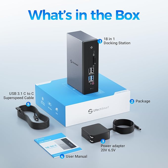 UtechSmart 3 Monitor 18 in 1 Docking Station 4K@60Hz Thunderbolt 3/4 USB-C Windows &amp MacBook Grey